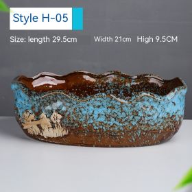 Succulent Flower Pot Shallow Mouth Oval Rectangular Large Diameter Platter Porcelain Simple Retro Stoneware (Option: Home Kiln Baked Blue-As Shown In The Figure)