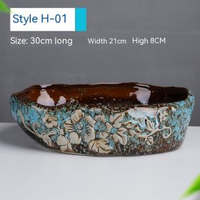 Succulent Flower Pot Shallow Mouth Oval Rectangular Large Diameter Platter Porcelain Simple Retro Stoneware (Option: Winter Jasmine Blue-As Shown In The Figure)