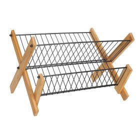 Kitchen Bamboo Folding Dishes Draining Storage Rack (Option: Black Iron Net)