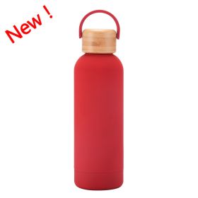 500ml Small Mouth Vacuum Cup Portable Handle Bamboo Wood Cover Water Cup Water Bottle (Option: Red-500ml)